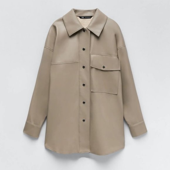 NWT Blogger Favorite ZARA Faux Leather Overshirt Shirt Jacket Lined Shacket Coat - Picture 2 of 12